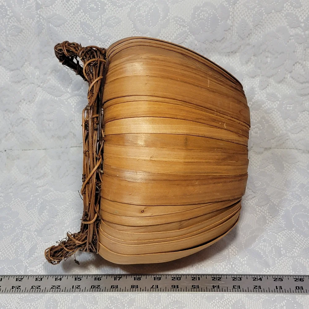 Vintage Handmade Pumpkin Shape Woven Basket Natural Wood Vine Twig Handle Rustic